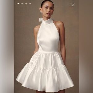 MESHKI: Dorota Satin White Mini Halter Dress